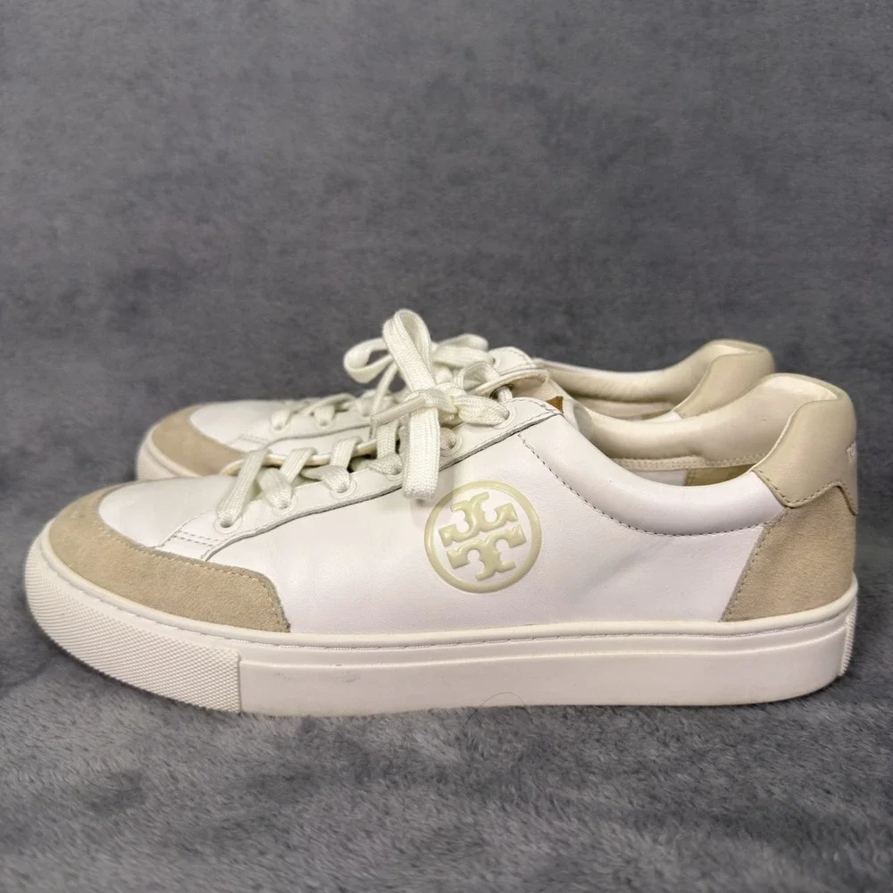TORY BURCH Bari Nappa Color Block Sneaker White Beige Leather & Suede Size 10 M